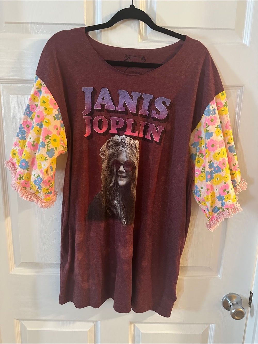 Janis Joplin Graphic Tunic with Floral Puff Sleeves - Burgundy & Pastel